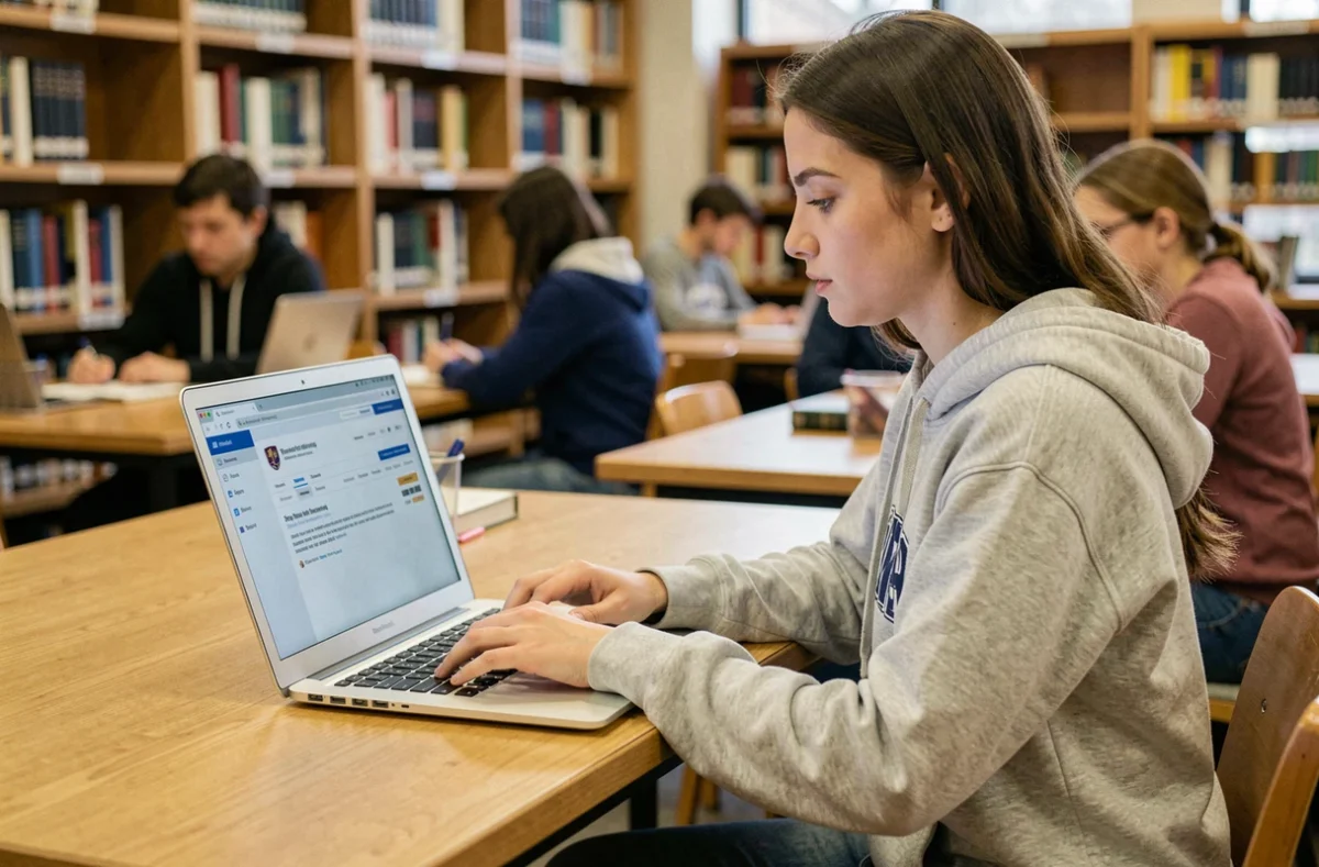 Étudiante utilisant le webmail de l'université de Nantes sur un ordinateur portable dans une bibliothèque universitaire