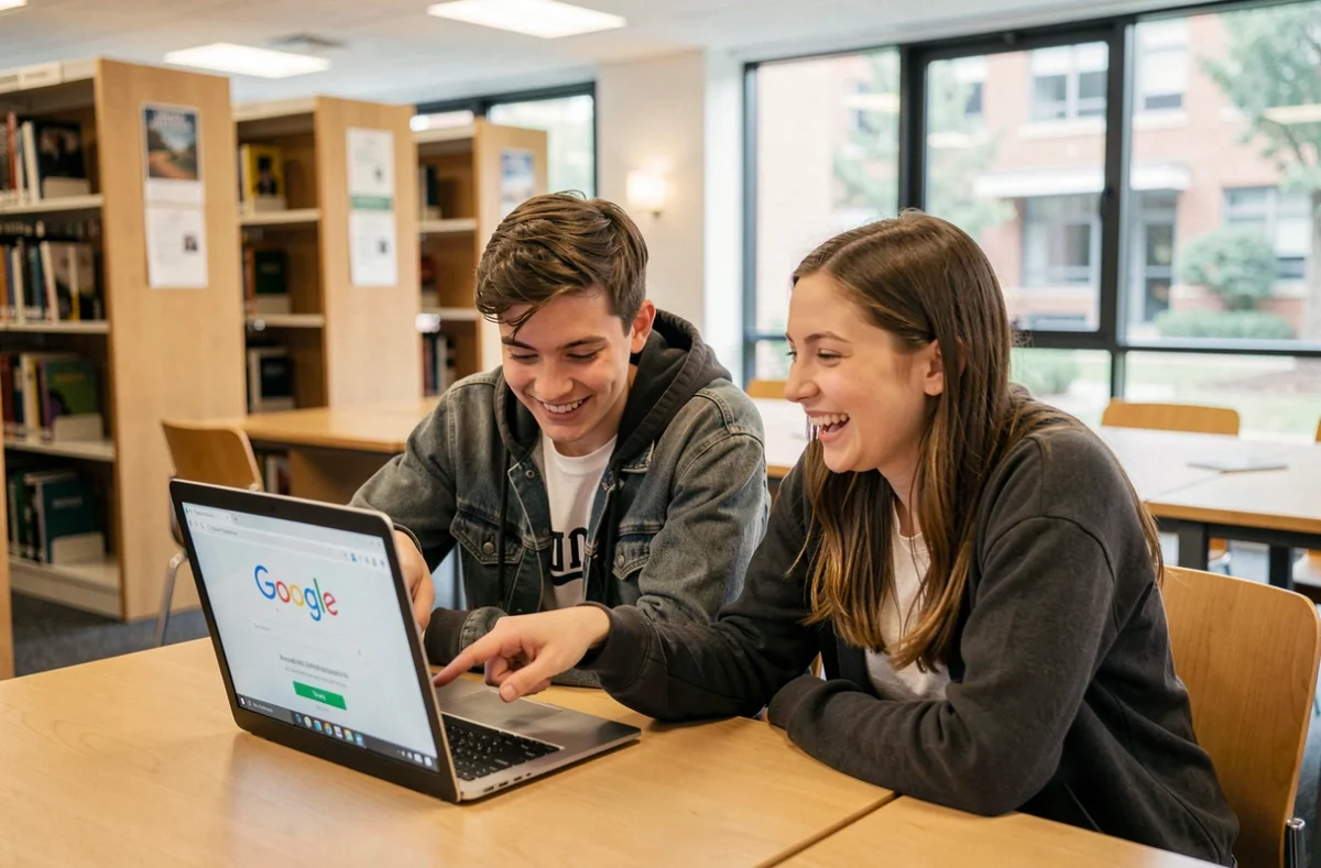 Deux étudiants en bibliothèque qui rient en découvrant le easter egg Do a Barrel Roll de Google sur leur ordinateur