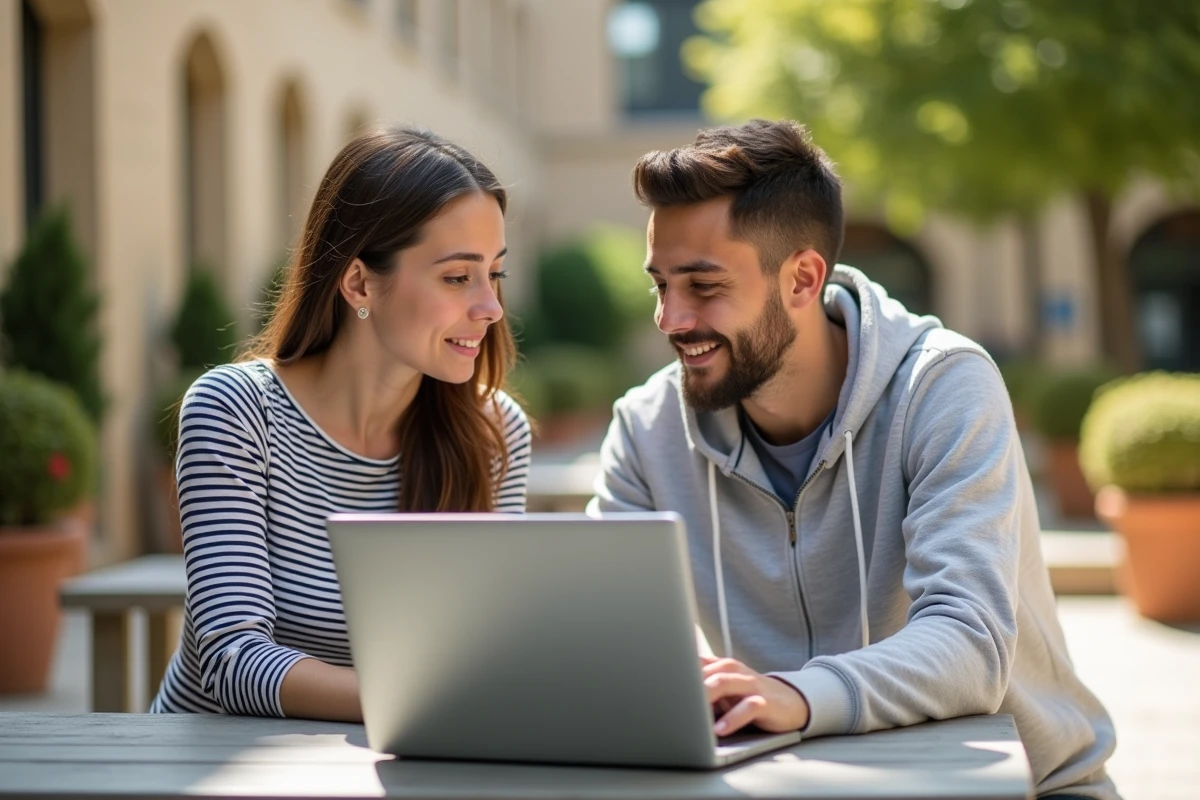 Deux étudiants collaborant sur la messagerie et l'ENT de Montpellier depuis un ordinateur portable en extérieur sur le campus