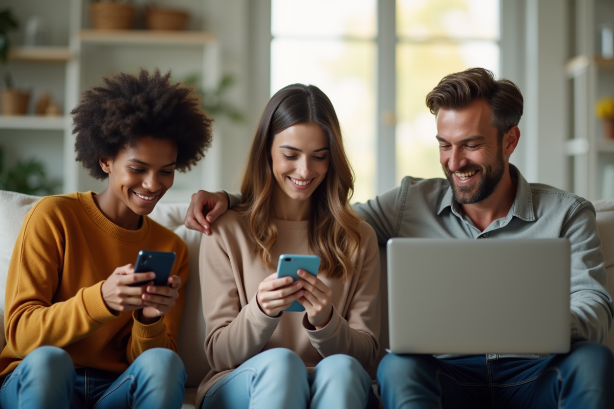 Famille diverse utilisant des appareils connectes dans le salon