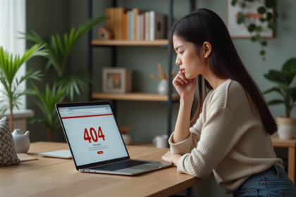 Jeune femme regardant un écran avec erreur 404 dans un bureau