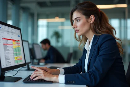 Femme analysant des doublons dans un tableau Excel sur un ordinateur portable en open space