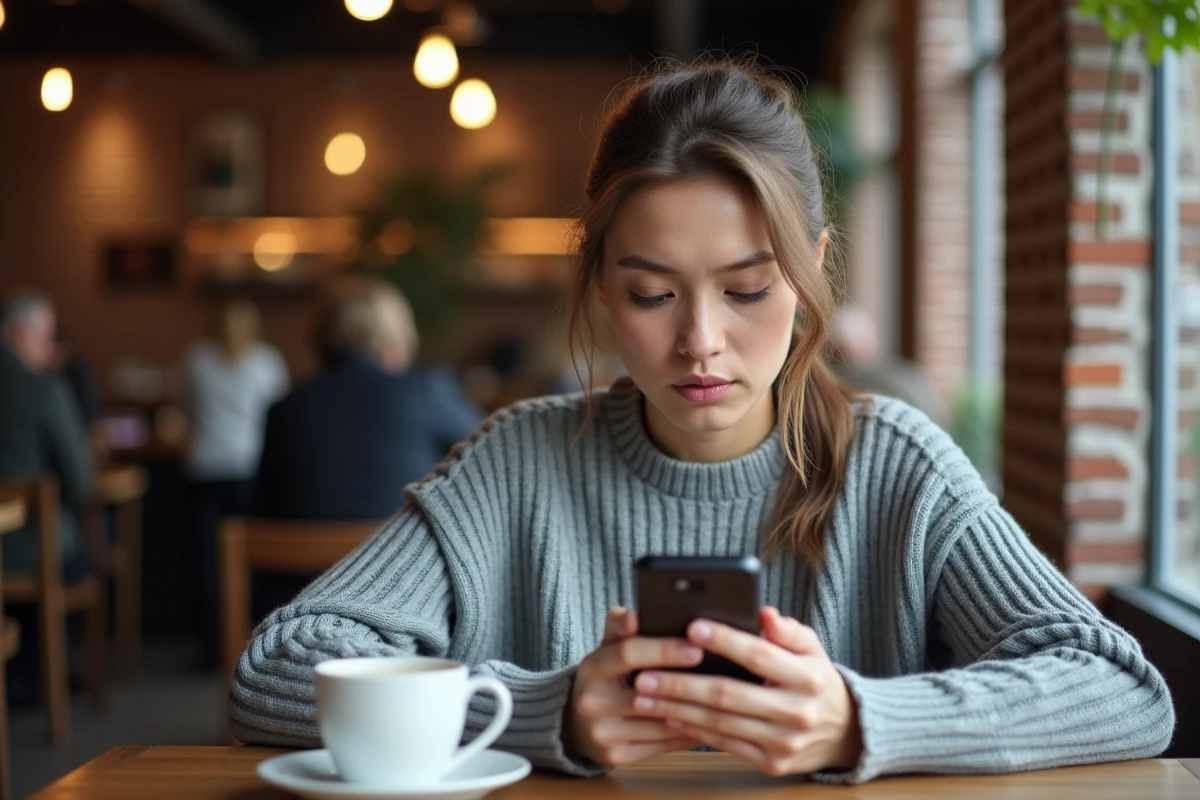 Femme analysant un site web douteux sur son smartphone dans un café urbain