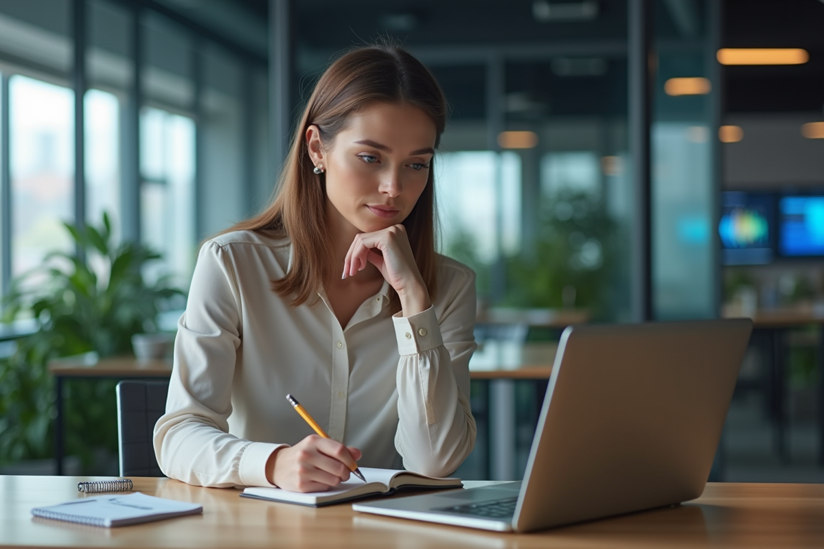 Femme en tenue casual travaillant sur un ordinateur avec analytics AI