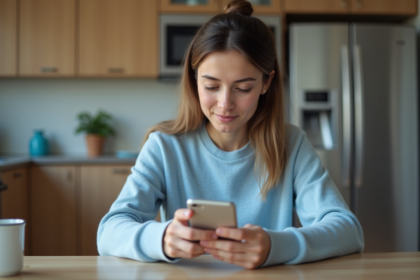 Jeune femme explore une application IA sur son smartphone dans la cuisine