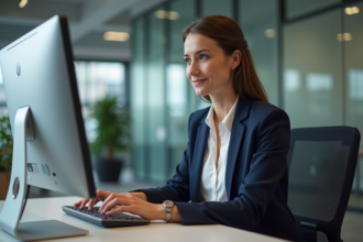 Femme professionnelle utilisant un chatbot au bureau