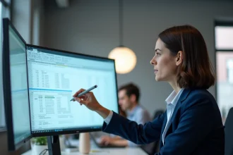 Femme professionnelle analysant un grand tableau Excel avec des lignes et colonnes figées sur un écran large dans un bureau moderne