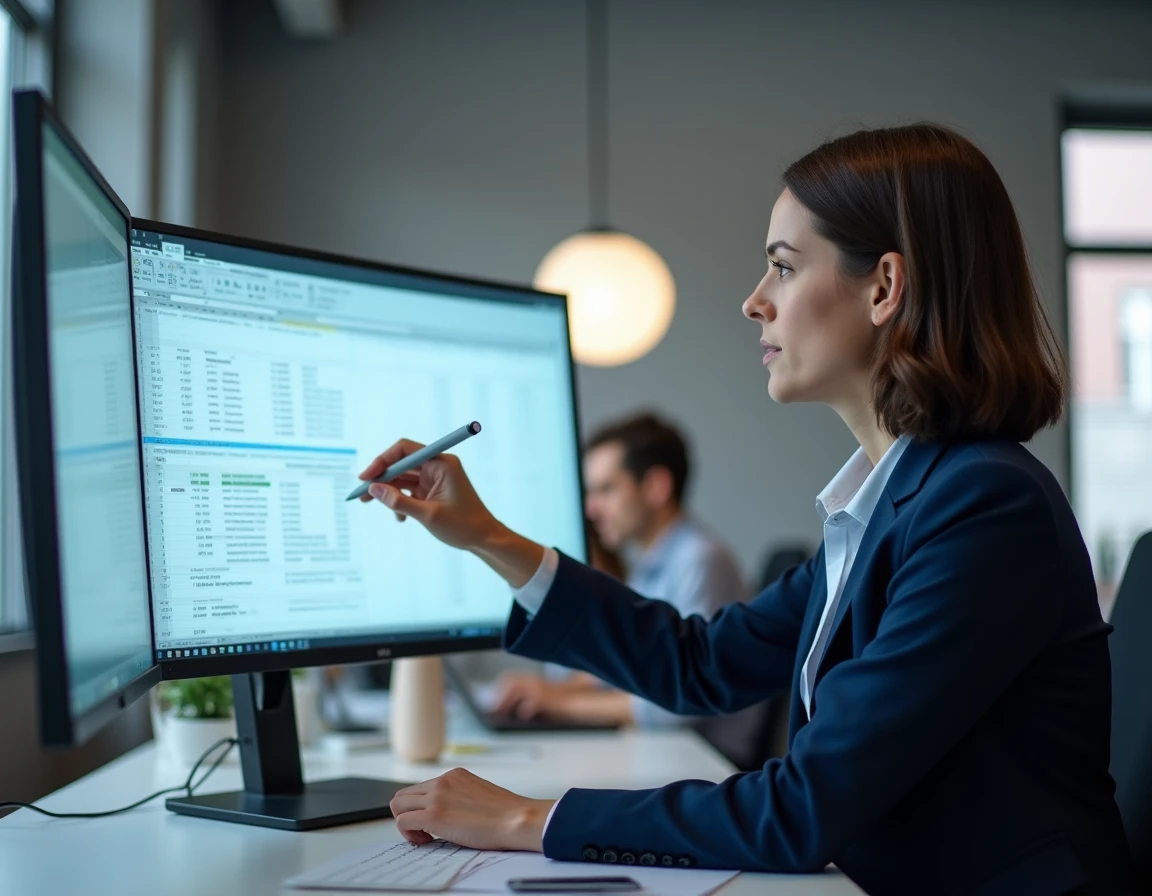 Femme professionnelle analysant un grand tableau Excel avec des lignes et colonnes figées sur un écran large dans un bureau moderne