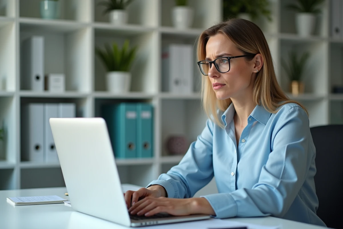 Femme au bureau regardant sa messagerie webmail