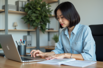 Jeune femme au bureau utilisant un ordinateur portable et une feuille de calcul