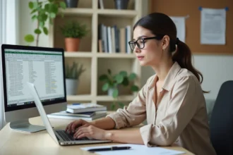 Jeune femme concentrée travaillant sur un ordinateur dans un bureau moderne