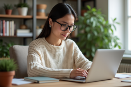 Femme concentrée travaillant sur son ordinateur dans un bureau lumineux