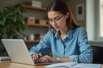 Jeune femme au bureau tapant sur son ordinateur avec un É