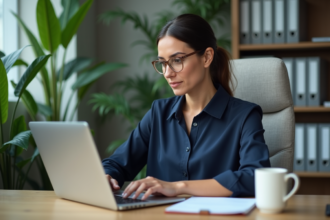 Femme professionnelle concentrée sur son ordinateur au bureau