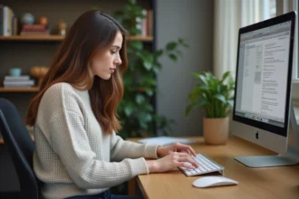 Jeune femme au bureau examinant un clavier français