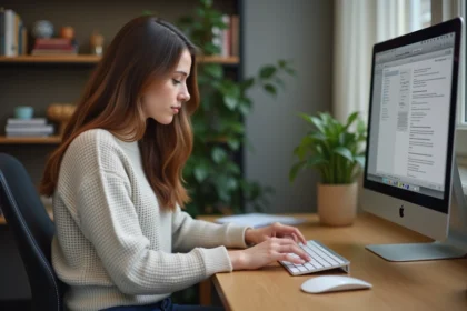 Jeune femme au bureau examinant un clavier français