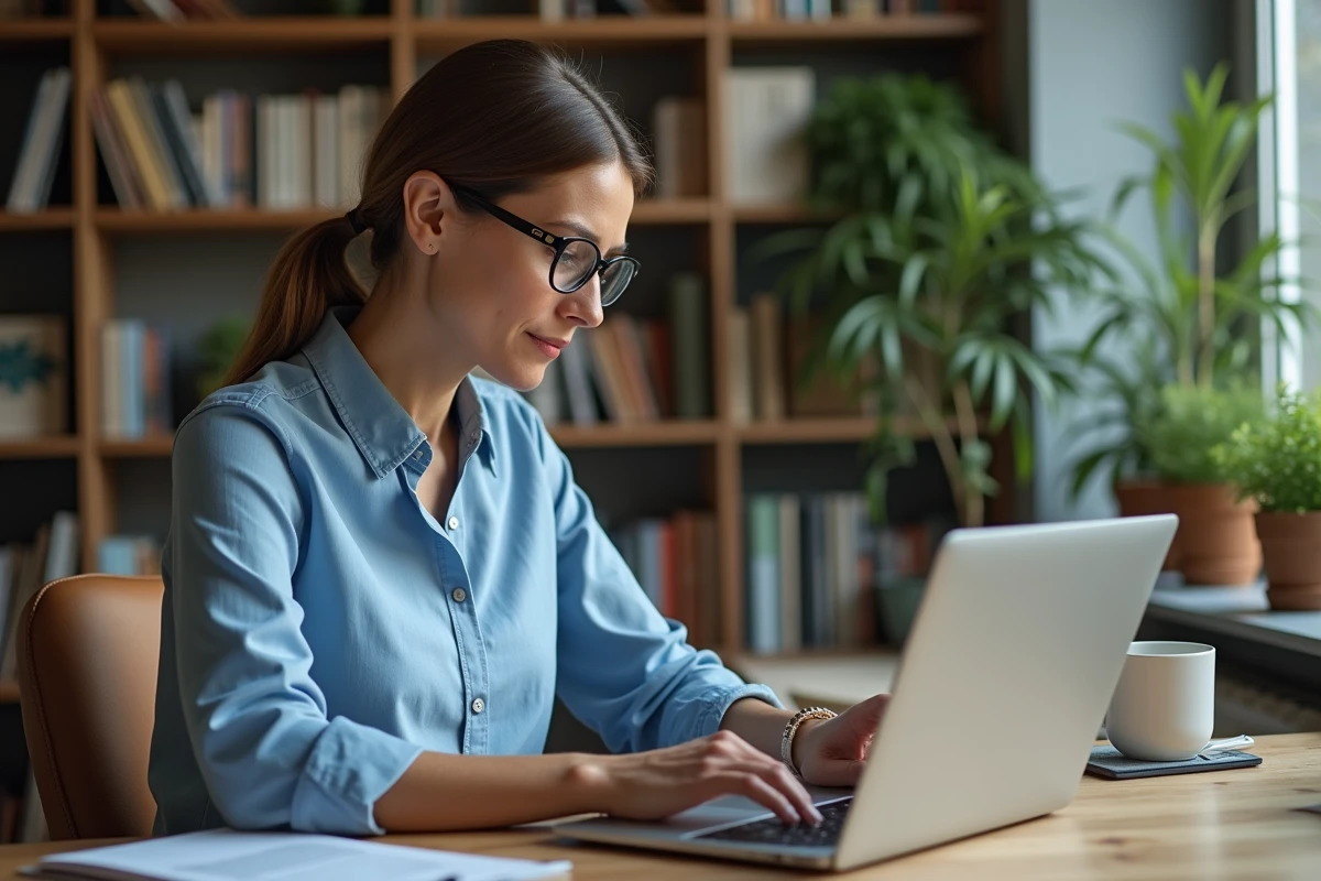 Femme d'âge moyen travaillant sur un ordinateur dans un bureau moderne