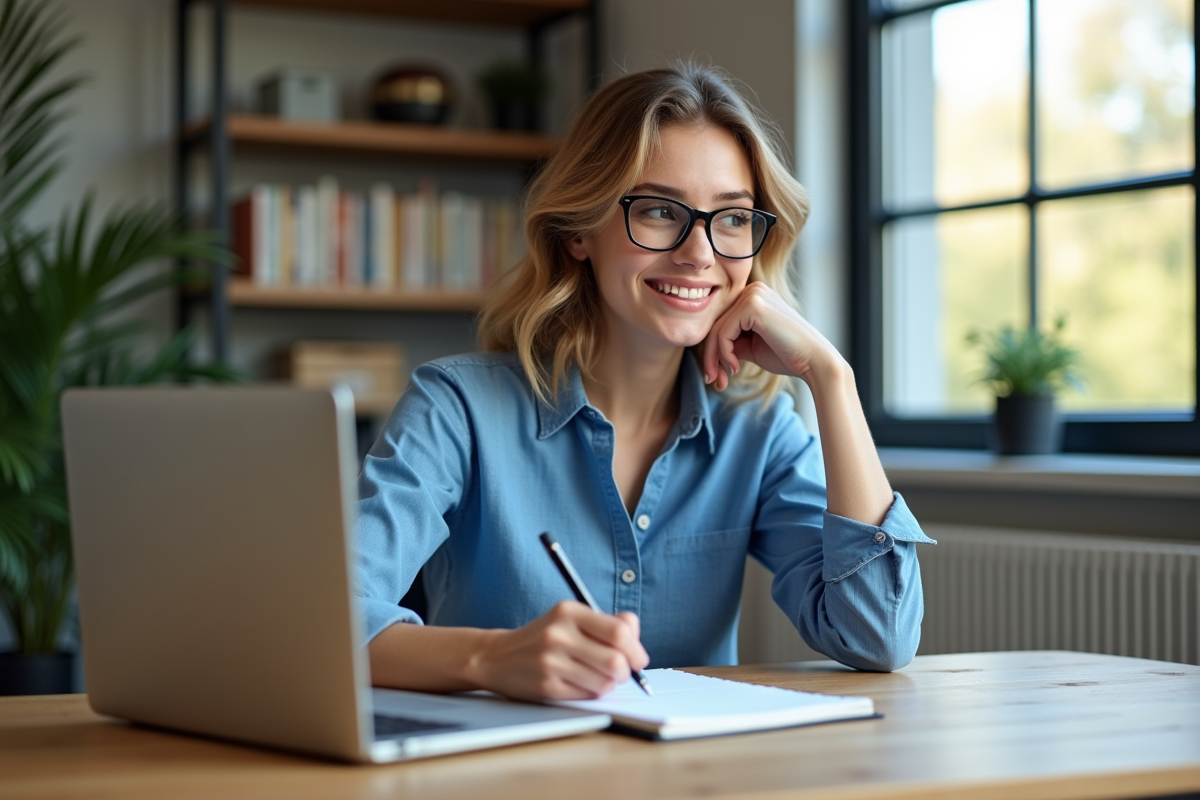 Jeune femme au bureau en train de prendre des notes