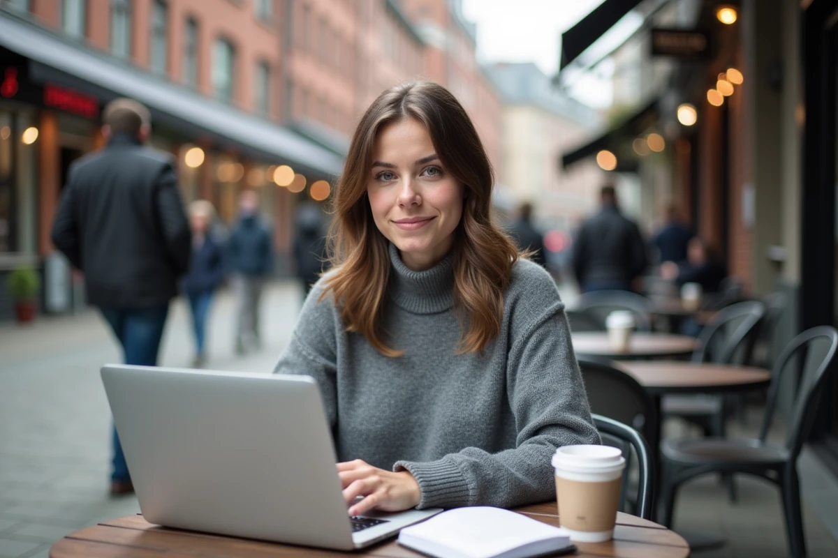Jeune femme travaillant sur son ordinateur dans un café en ville