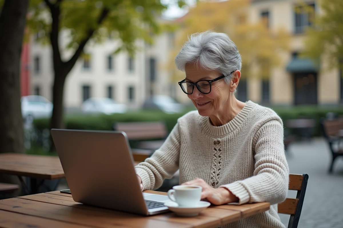 Femme lisant sur terrasse de café en ville