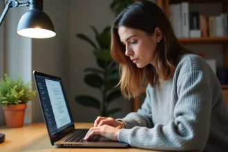 Femme utilisant un clavier étranger sur un ordinateur portable pour taper un arobase