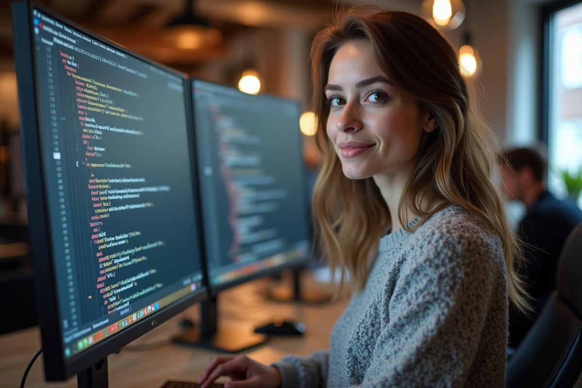 Femme codant dans un espace de coworking urbain
