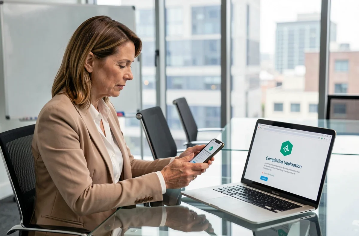 Femme professionnelle vérifiant la confirmation d'un transfert de fichiers Swisstransfer sur son smartphone en salle de réunion
