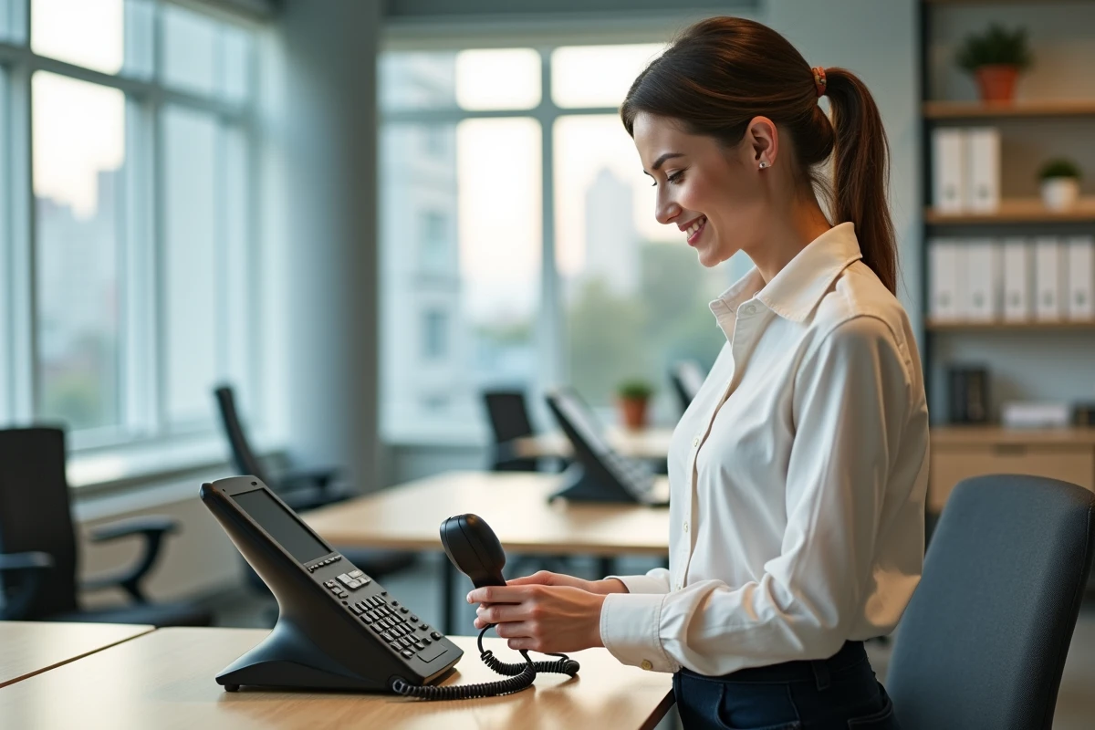 Jeune femme connectant un téléphone dans un bureau lumineux