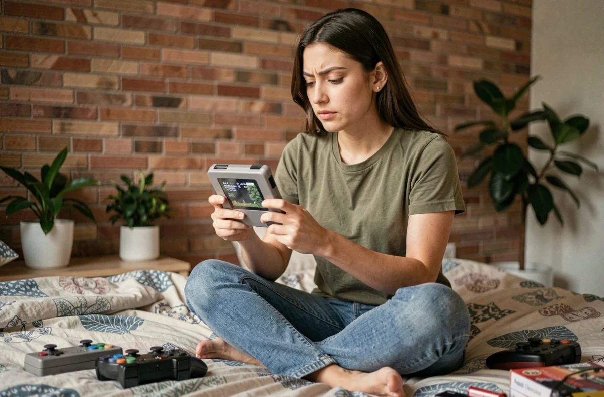 Jeune femme jouant à une version hackée de Pokémon Émeraude sur une console portable rétro modifiée