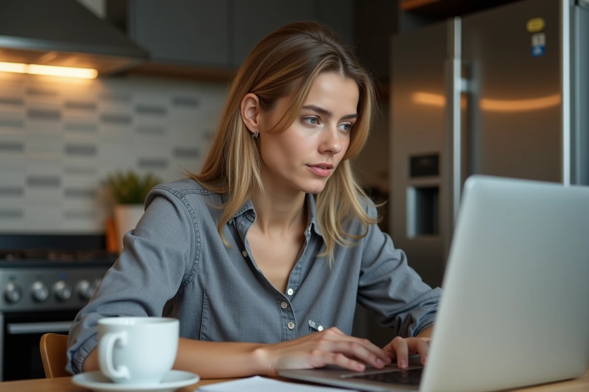 Jeune femme dans sa cuisine vérifiant ses emails sur son ordinateur portable