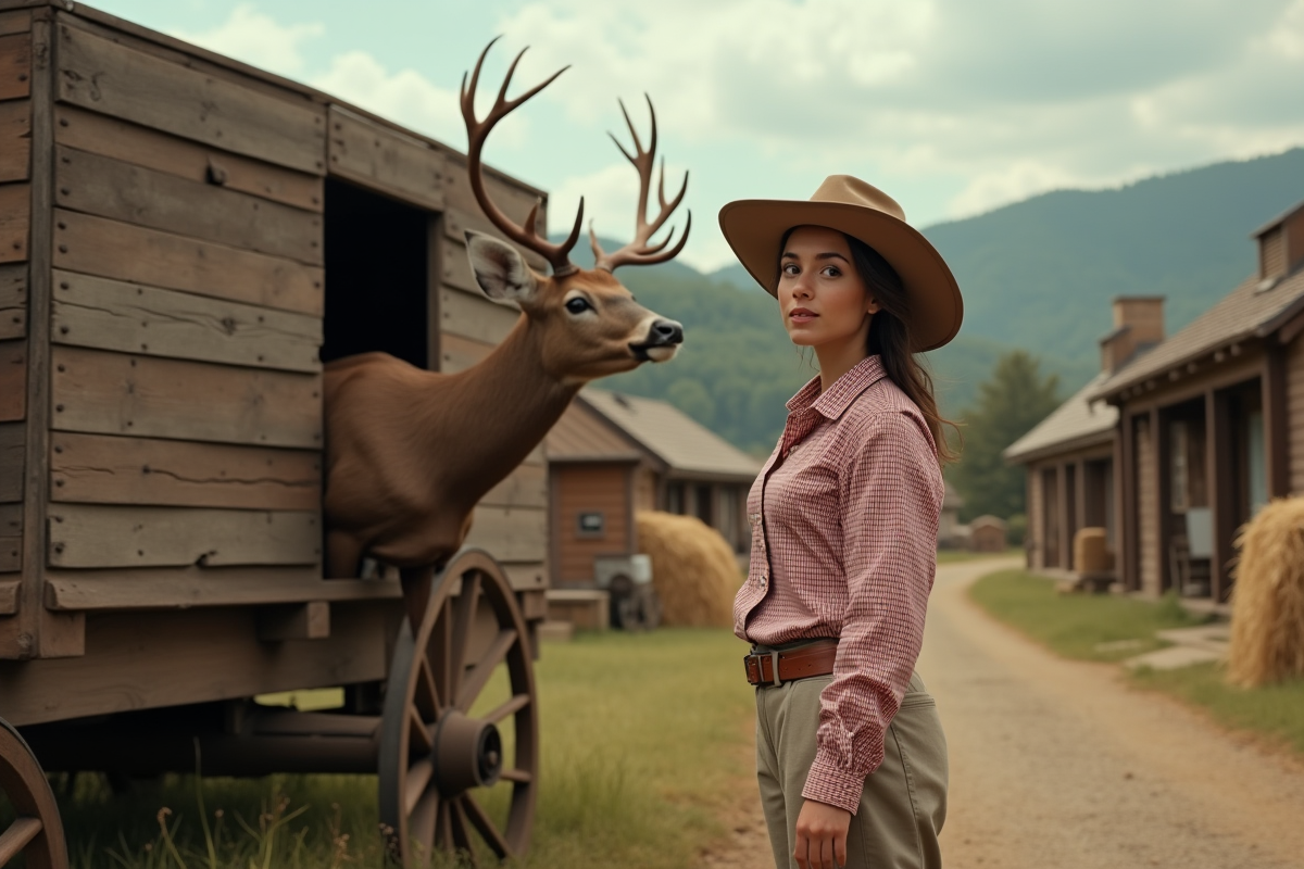 Jeune femme en frontier surpris par un cerf coincé dans un wagon