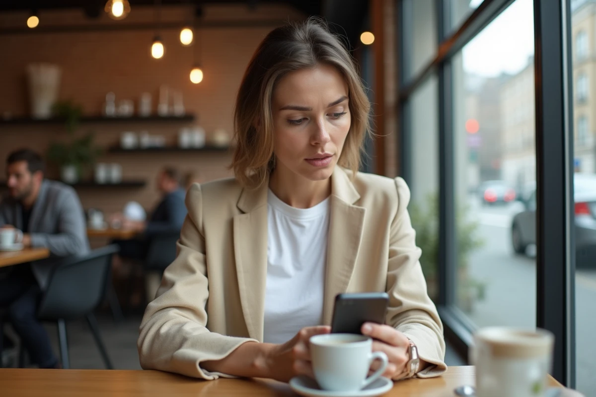 Femme consultant un service d'email jetable sur smartphone dans un café pour protéger sa vie privée face au tracking des sites web