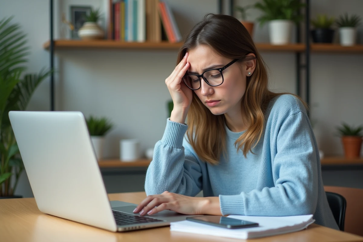 Jeune femme frustrée devant son ordinateur à la maison