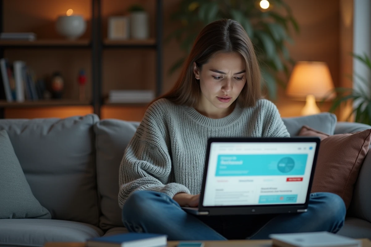 Femme frustrée consultant un tableau de bord d'hébergeur web sur son ordinateur portable dans un salon