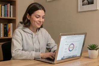 Jeune femme amusée devant un ordinateur portable affichant le célèbre easter egg Google Do a Barrel Roll