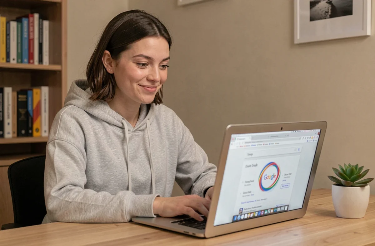 Jeune femme amusée devant un ordinateur portable affichant le célèbre easter egg Google Do a Barrel Roll