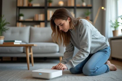 Femme regardant un routeur blanc dans un salon moderne