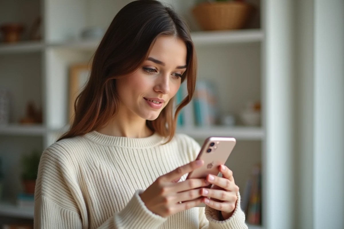 Femme tenant un iPhone 16e dans les mains et l'examinant attentivement dans un appartement moderne