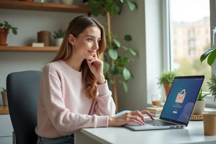 Jeune femme travaillant sur un laptop dans un bureau lumineux