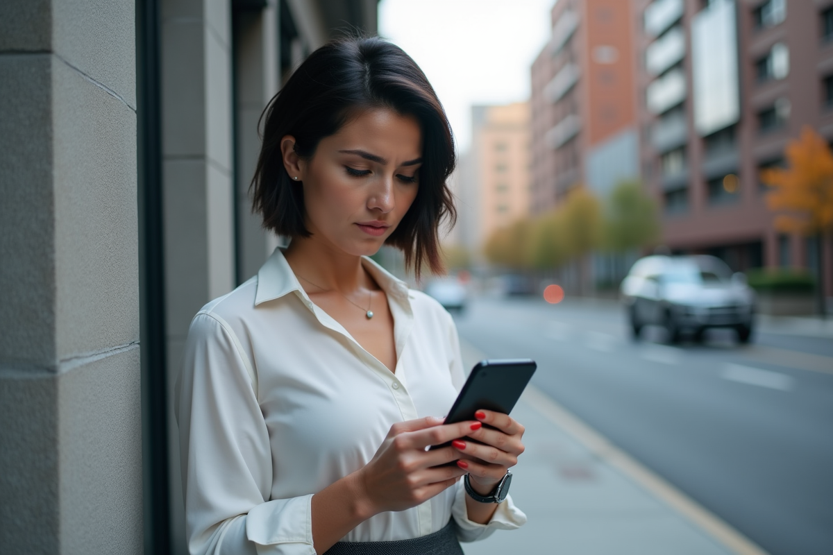 Femme digital marketing regardant son smartphone 404