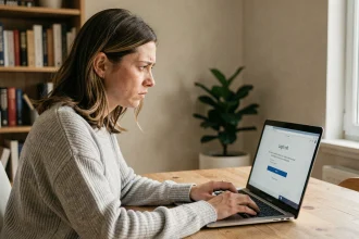 Femme frustrée devant son ordinateur portable après avoir oublié son mot de passe webmail académique