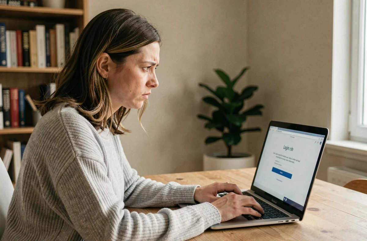 Femme frustrée devant son ordinateur portable après avoir oublié son mot de passe webmail académique