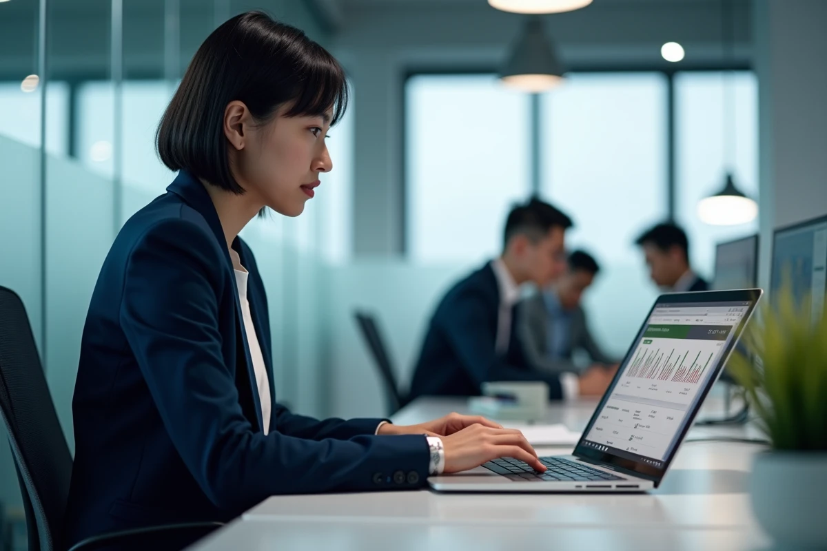 Femme en bureau d'entreprise optimisant les paramètres de performance d'un logiciel sur son ordinateur portable
