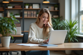 Jeune femme concentrée travaillant sur un site web dans un bureau lumineux