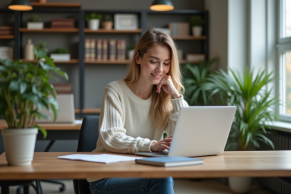 Jeune femme concentrée travaillant sur un site web dans un bureau lumineux
