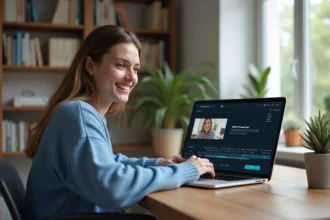 Jeune femme utilisant un logiciel de conversion vidéo à son bureau