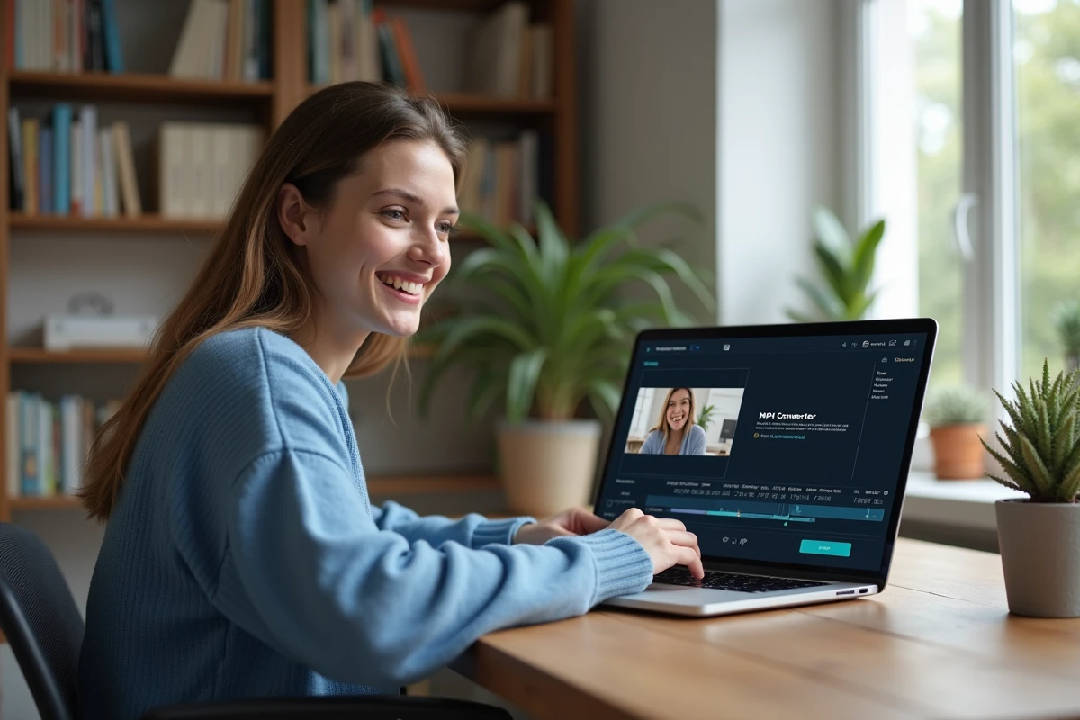 Jeune femme utilisant un logiciel de conversion vidéo à son bureau