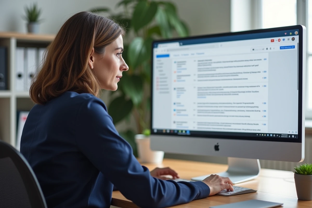 Femme professionnelle organisant ses emails sur un webmail avec des dossiers d'archivage bien classés