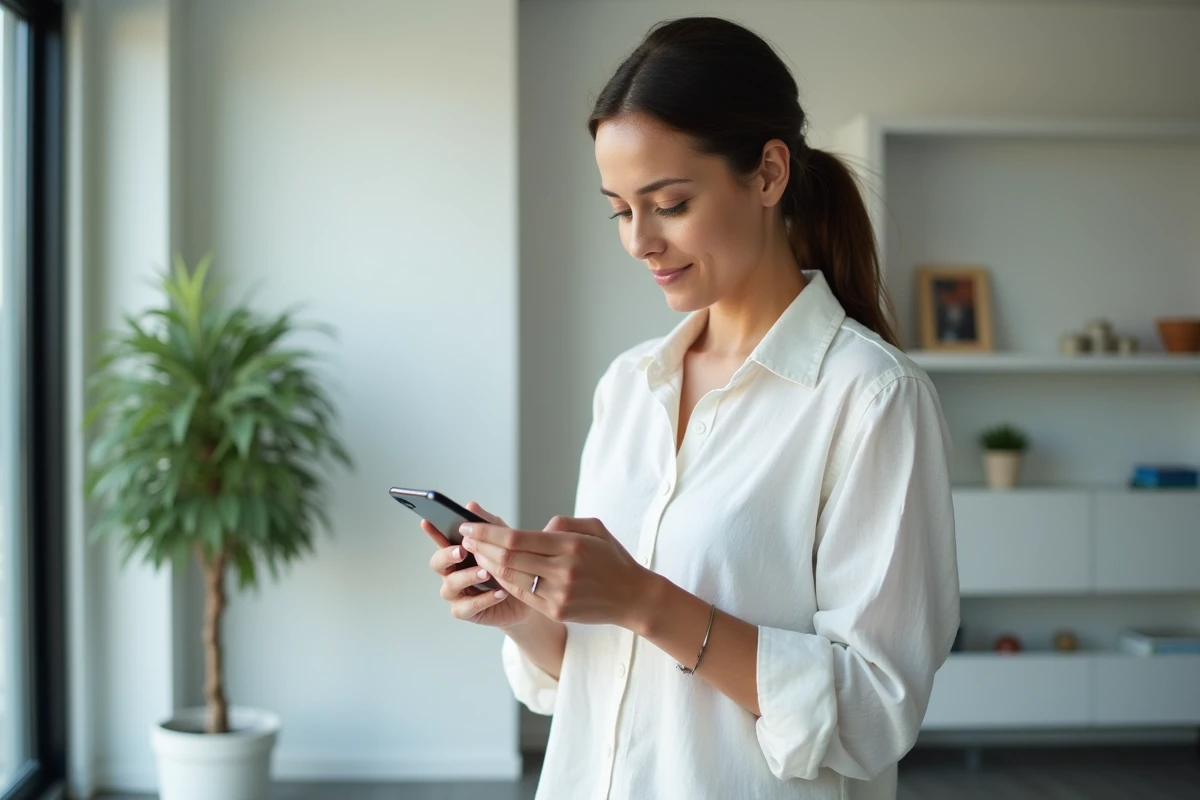 Femme consultant les paramètres iOS de mise à jour sur son iPhone 12 Pro dans un appartement moderne
