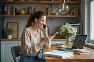 Femme parlant au smartphone dans une cuisine moderne